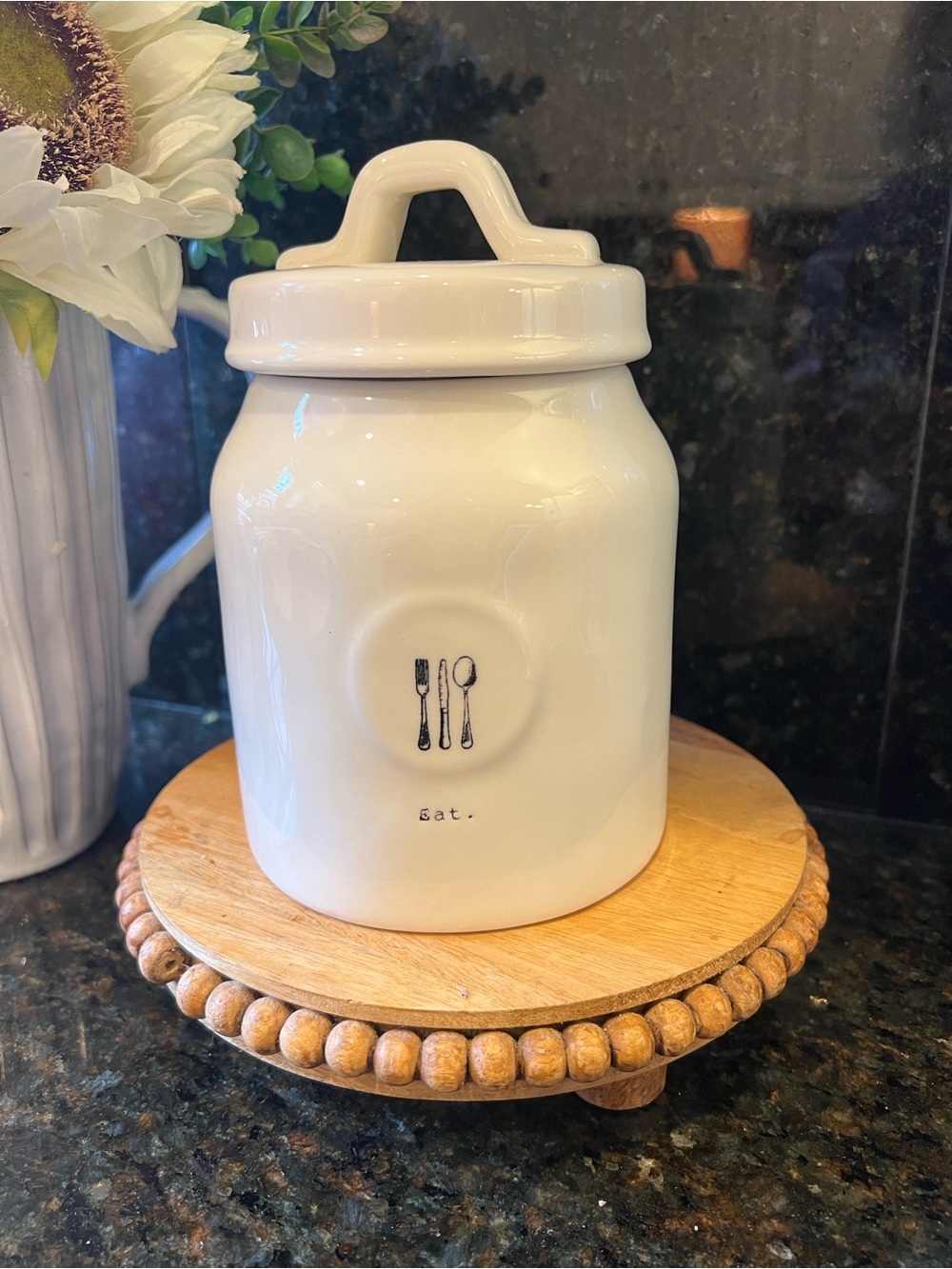 NWOT Rae Dunn White Ceramic Canister “Eat” with Utensil Design